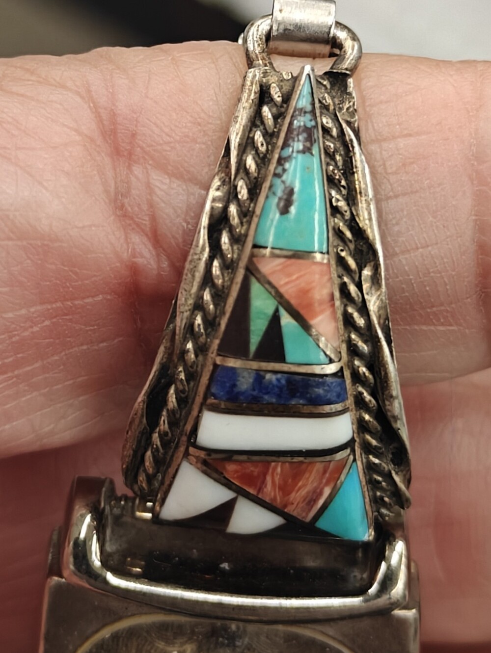Vintage Zuni artist sterling silver watch tips with genuine stones inlay